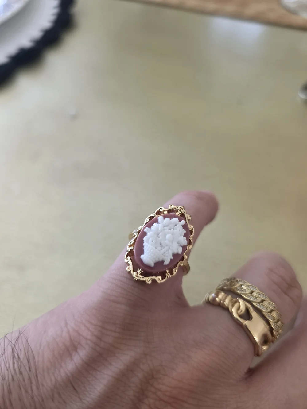 Gold-Tone Pink Cameo Ring with White Relief